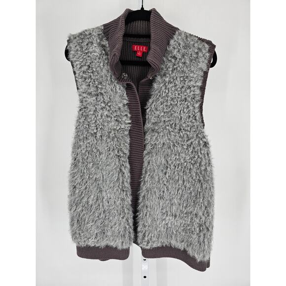 Elle Womens Sz XL Snap Front Faux Fur Vest Gray Sweater - Picture 1 of 4